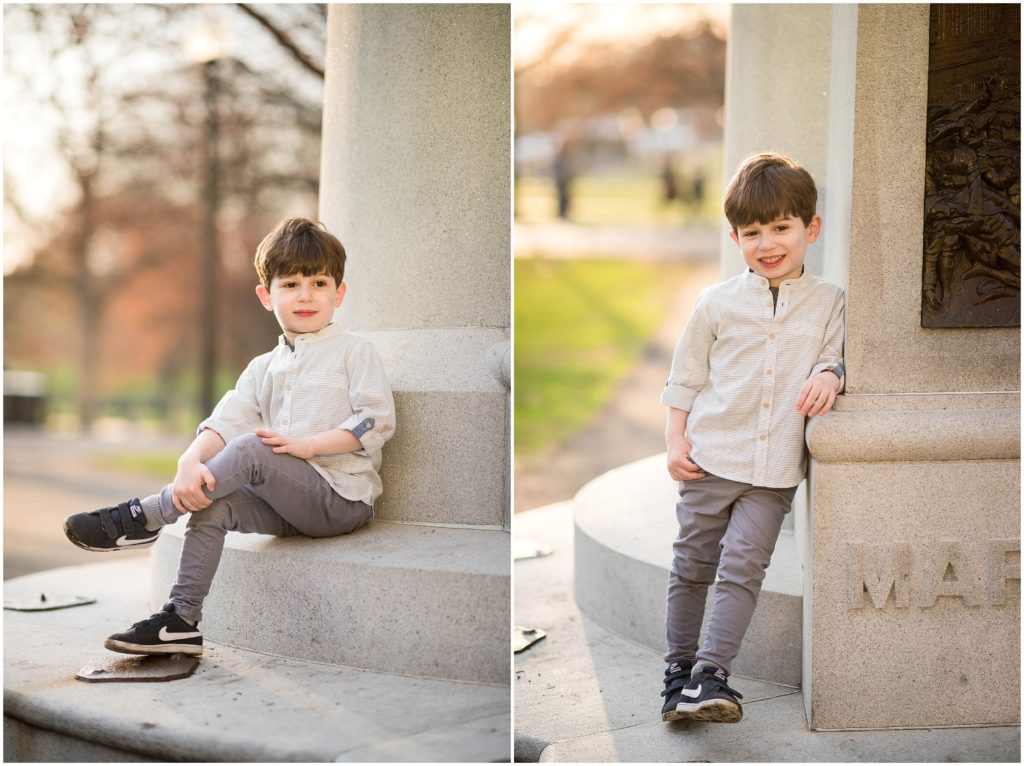 Boy in button down shirt and skinny leg jeans in Boston Commons