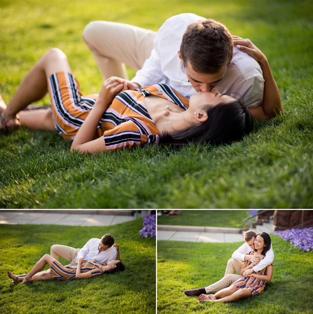 Couple kissing in front of Cambridge City hall